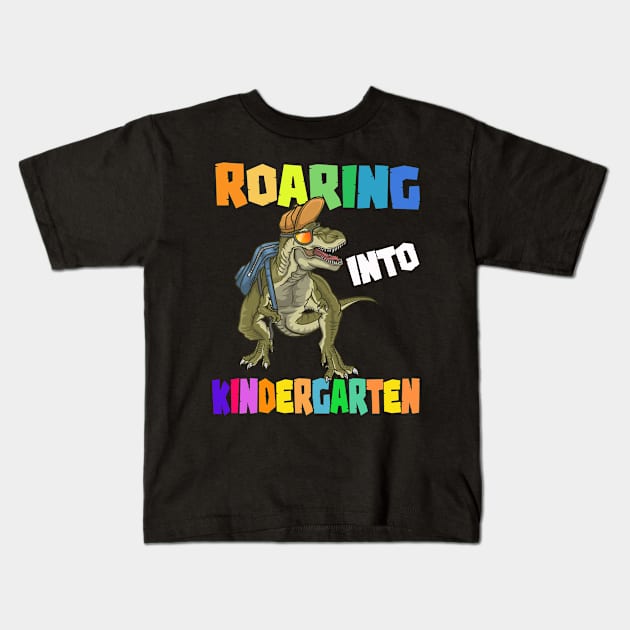 Kids Roaring Into Kindergarten TRex Dino First Day School Boys Kids T-Shirt by savariya